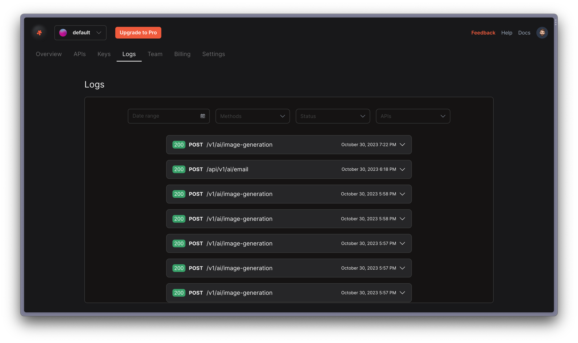 JigsawStack dashboard logs page