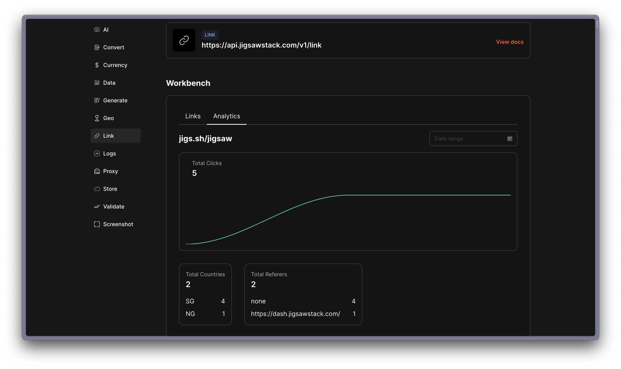 Example of JigsawStack workbench UI of the Link shortener API